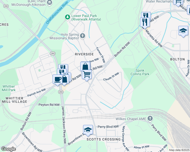 map of restaurants, bars, coffee shops, grocery stores, and more near Hollywood Rd NW & Spink St NW in Atlanta