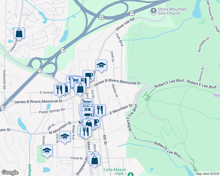 map of restaurants, bars, coffee shops, grocery stores, and more near 1151 Rankin Street in Stone Mountain