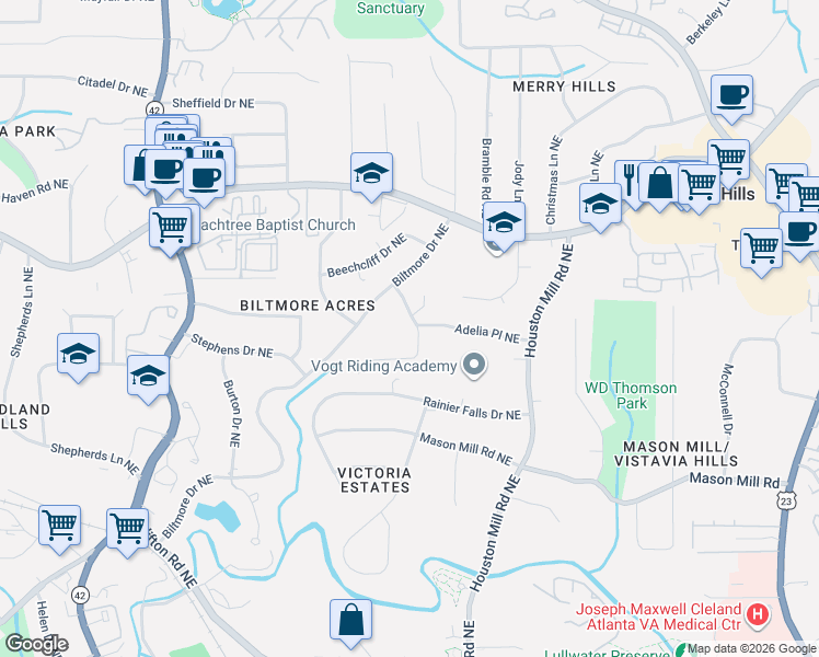 map of restaurants, bars, coffee shops, grocery stores, and more near 1132 Rogeretta Drive Northeast in Atlanta