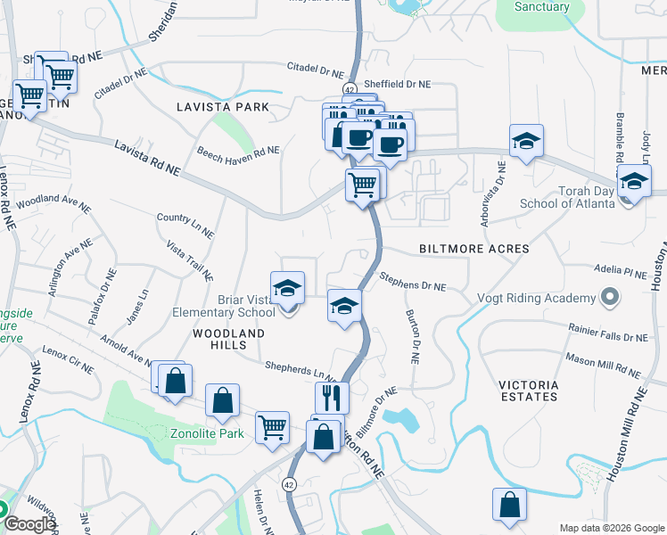map of restaurants, bars, coffee shops, grocery stores, and more near 1156 Weatherstone Drive Northeast in Atlanta