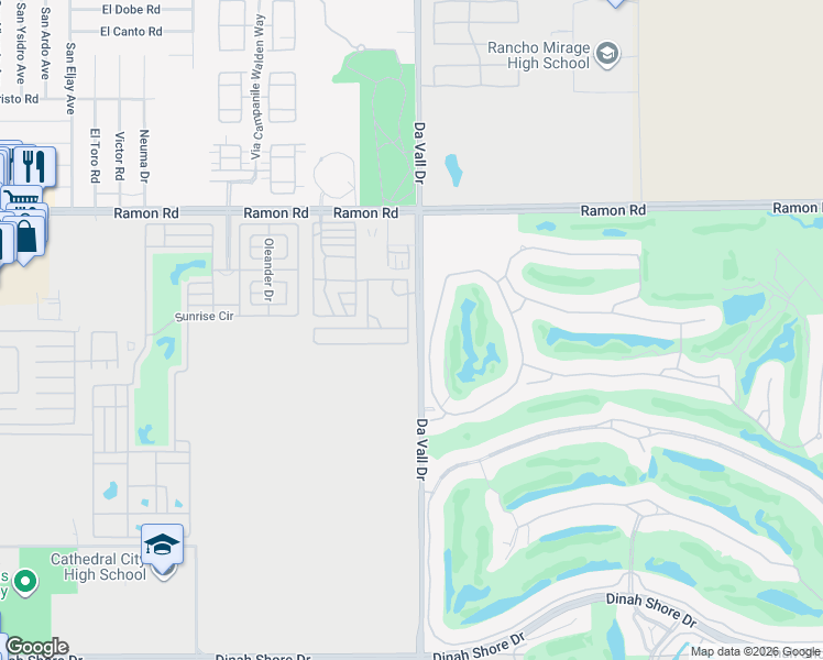 map of restaurants, bars, coffee shops, grocery stores, and more near 102 Vía Las Flores in Rancho Mirage