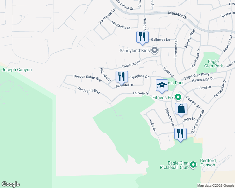 map of restaurants, bars, coffee shops, grocery stores, and more near 1624 Fairway Drive in Corona