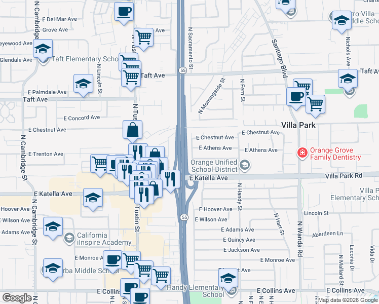 map of restaurants, bars, coffee shops, grocery stores, and more near 2120 East Trenton Avenue in Orange