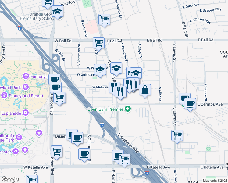 map of restaurants, bars, coffee shops, grocery stores, and more near 1482 South Anaheim Boulevard in Anaheim