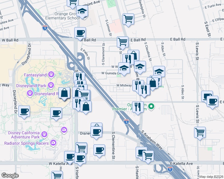 map of restaurants, bars, coffee shops, grocery stores, and more near Santa Ana Fwy in Anaheim