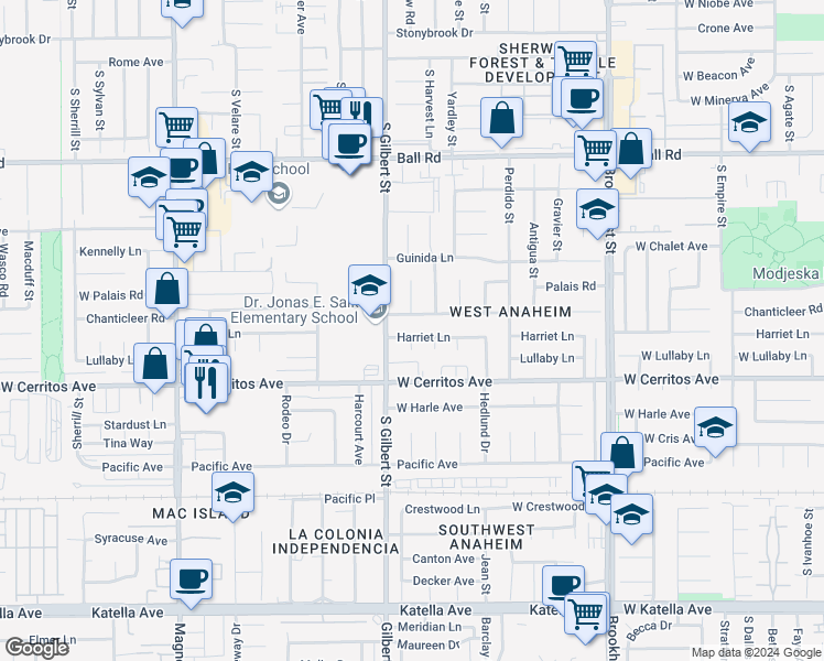map of restaurants, bars, coffee shops, grocery stores, and more near 9551 Harriet Lane in Anaheim
