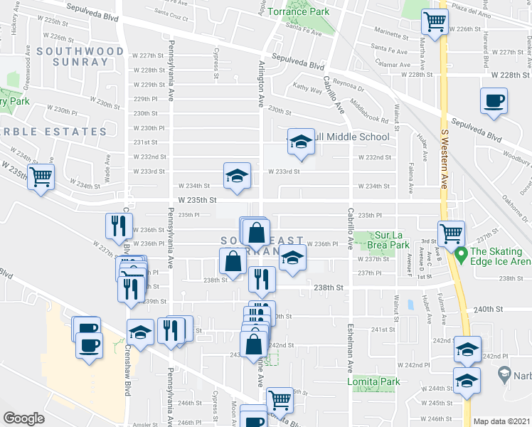 map of restaurants, bars, coffee shops, grocery stores, and more near 23525 Arlington Avenue in Torrance