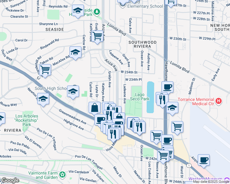 map of restaurants, bars, coffee shops, grocery stores, and more near 23546 Anza Avenue in Torrance