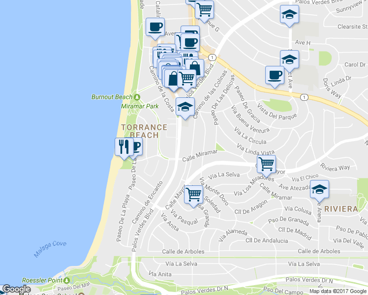 map of restaurants, bars, coffee shops, grocery stores, and more near 375 Camino de las Colinas in Redondo Beach