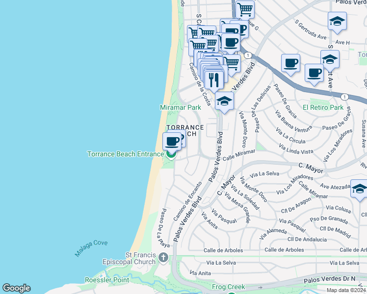 map of restaurants, bars, coffee shops, grocery stores, and more near 361 Paseo De La Playa in Torrance
