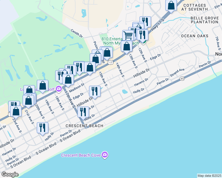 map of restaurants, bars, coffee shops, grocery stores, and more near 1503B Hillside Drive in North Myrtle Beach