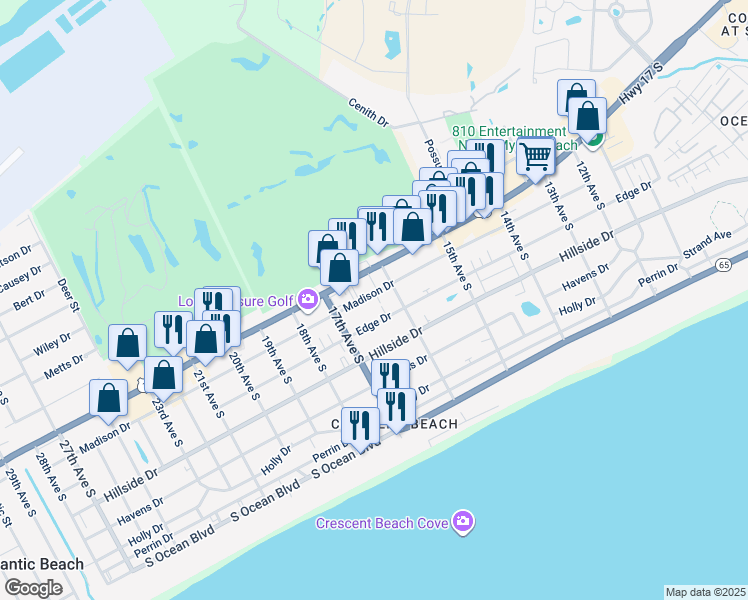 map of restaurants, bars, coffee shops, grocery stores, and more near 1612 Edge Drive in North Myrtle Beach
