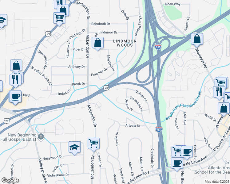map of restaurants, bars, coffee shops, grocery stores, and more near 1236 Deleon Court in Clarkston