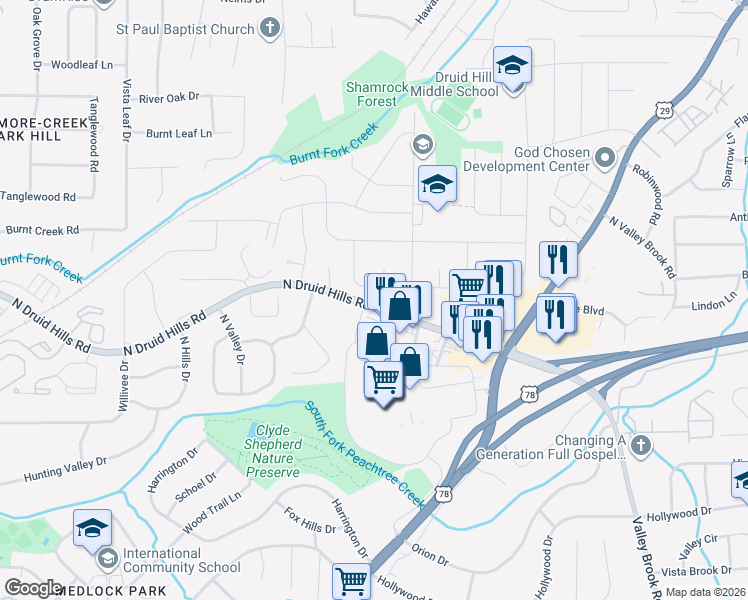 map of restaurants, bars, coffee shops, grocery stores, and more near 3786 North Druid Hills Road in Decatur