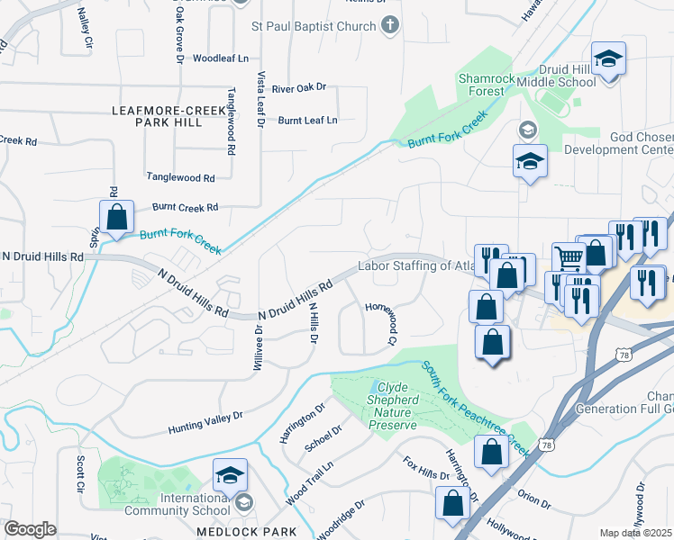 map of restaurants, bars, coffee shops, grocery stores, and more near 3614 North Druid Hills Road in Decatur