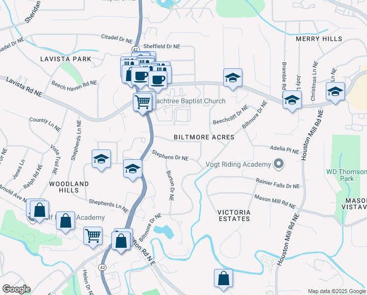 map of restaurants, bars, coffee shops, grocery stores, and more near 1420 Stephens Drive Northeast in Atlanta