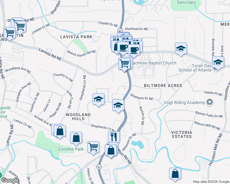 map of restaurants, bars, coffee shops, grocery stores, and more near 1156 Weatherstone Drive Northeast in Atlanta