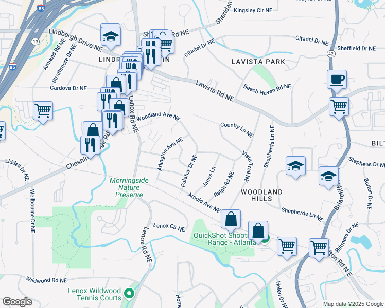 map of restaurants, bars, coffee shops, grocery stores, and more near 1142 Palafox Drive Northeast in Atlanta