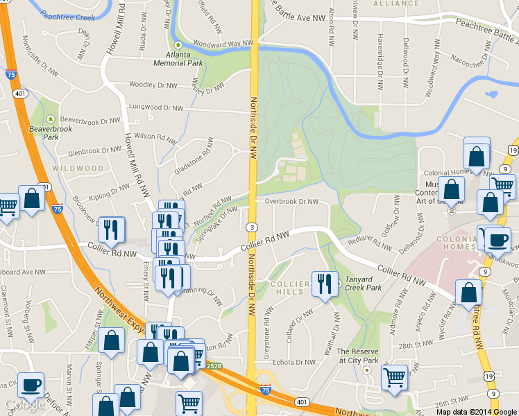 map of restaurants, bars, coffee shops, grocery stores, and more near 2066 Northside Drive Northwest in Atlanta