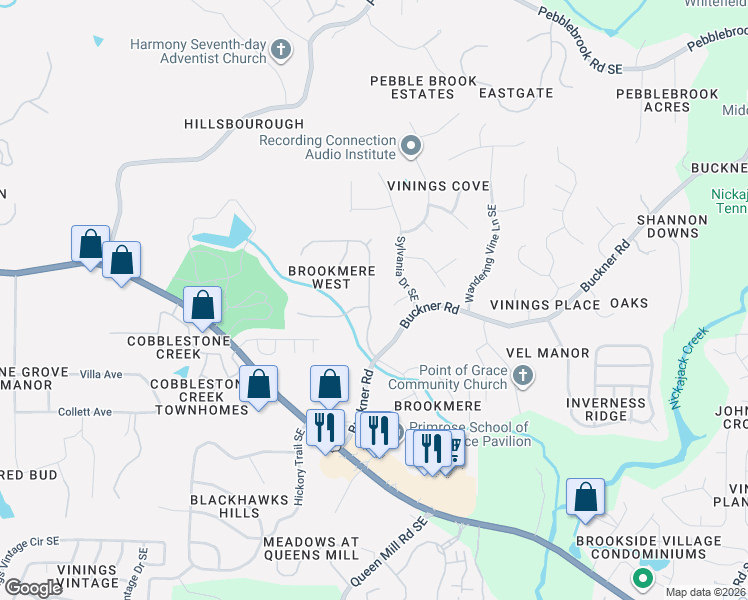 map of restaurants, bars, coffee shops, grocery stores, and more near 790 Creek Glen Road Southeast in Mableton