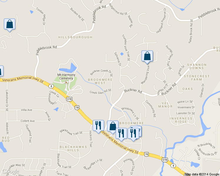 map of restaurants, bars, coffee shops, grocery stores, and more near 795 Creek Glen Road Southeast in Mableton