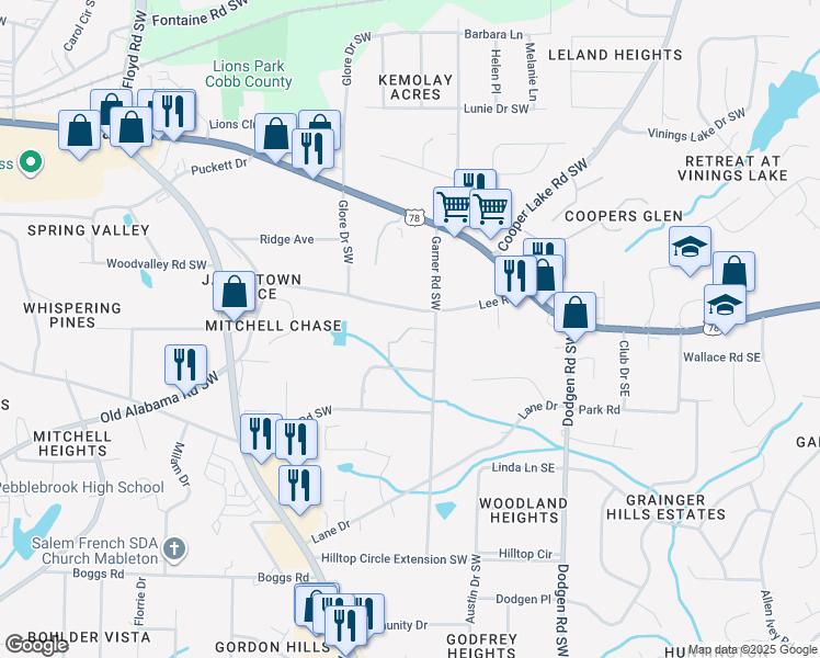 map of restaurants, bars, coffee shops, grocery stores, and more near 5851 Lone Oak Drive Southwest in Mableton