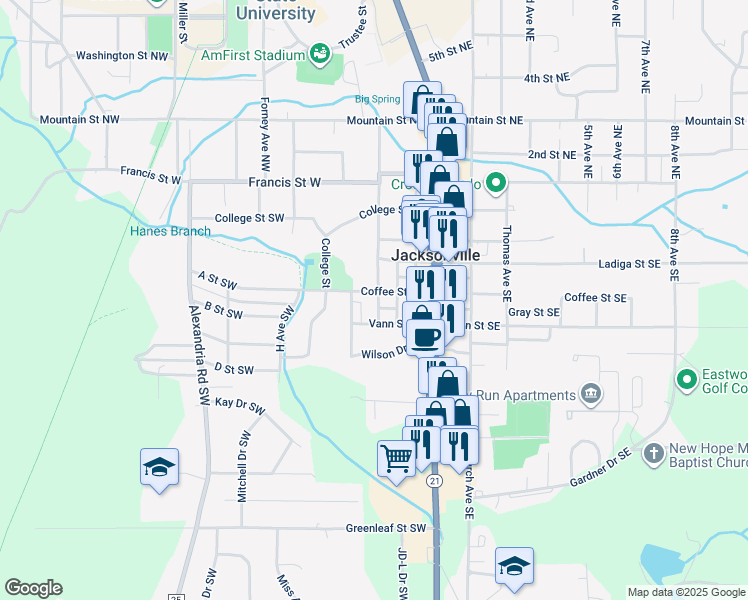 map of restaurants, bars, coffee shops, grocery stores, and more near 401 Vann Street Southwest in Jacksonville