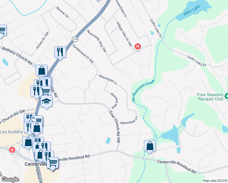 map of restaurants, bars, coffee shops, grocery stores, and more near 3464 Warwick Way in Snellville