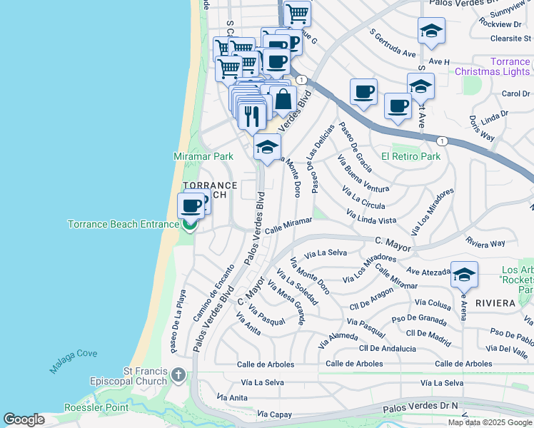 map of restaurants, bars, coffee shops, grocery stores, and more near 374 Palos Verdes Boulevard in Redondo Beach
