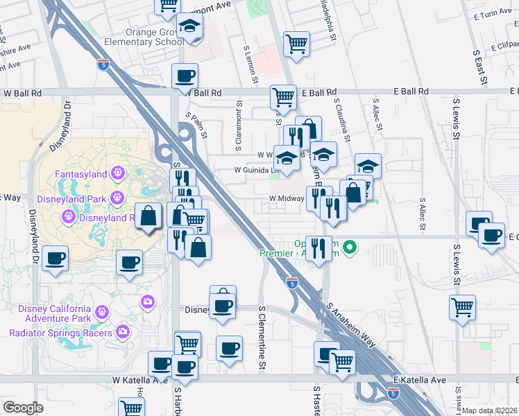 map of restaurants, bars, coffee shops, grocery stores, and more near Santa Ana Fwy in Anaheim