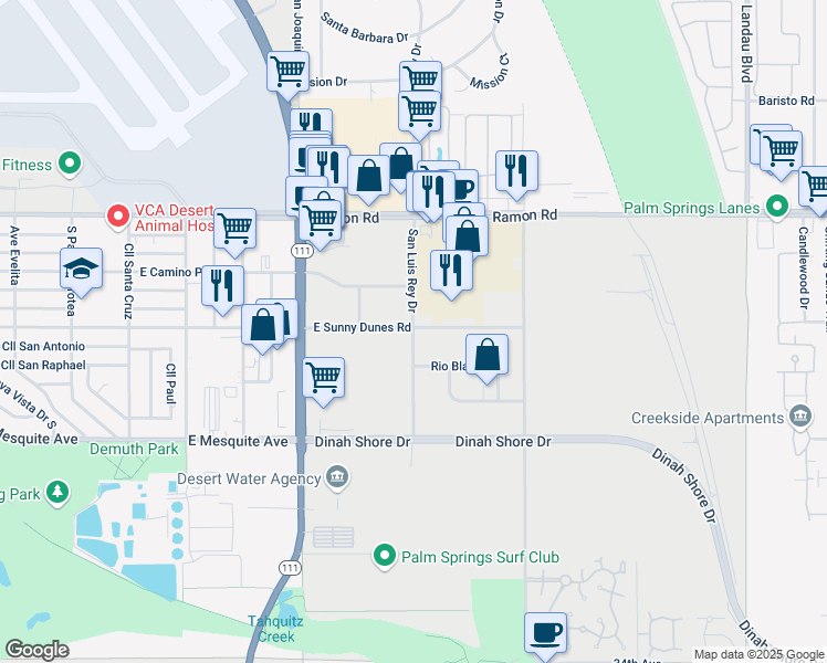 map of restaurants, bars, coffee shops, grocery stores, and more near San Luis Rey Drive in Palm Springs