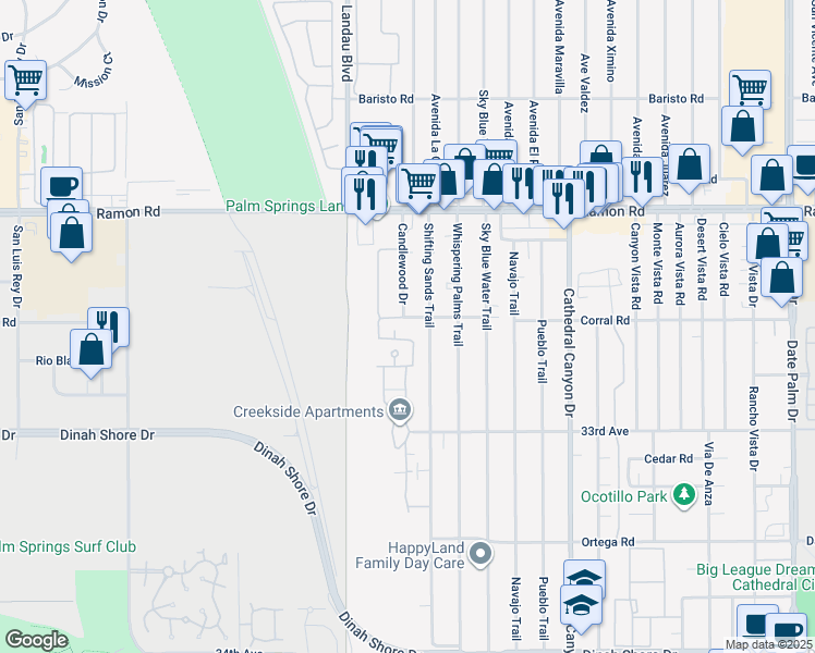 map of restaurants, bars, coffee shops, grocery stores, and more near 32505 Candlewood Drive in Cathedral City