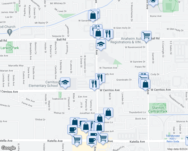 map of restaurants, bars, coffee shops, grocery stores, and more near 3501 West Greentree Circle in Anaheim
