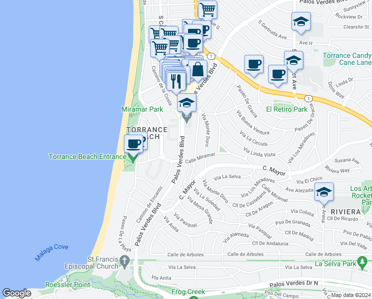 map of restaurants, bars, coffee shops, grocery stores, and more near 374 Palos Verdes Boulevard in Redondo Beach