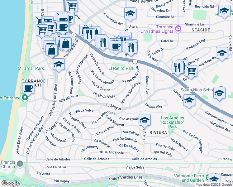 map of restaurants, bars, coffee shops, grocery stores, and more near 105 Vía El Chico in Redondo Beach