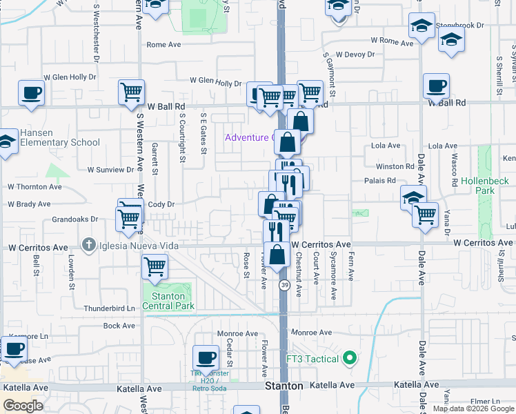 map of restaurants, bars, coffee shops, grocery stores, and more near 7892 1st Street in Stanton