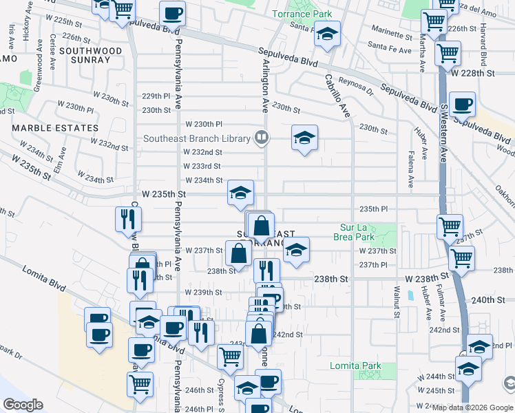 map of restaurants, bars, coffee shops, grocery stores, and more near 23525 Arlington Avenue in Torrance