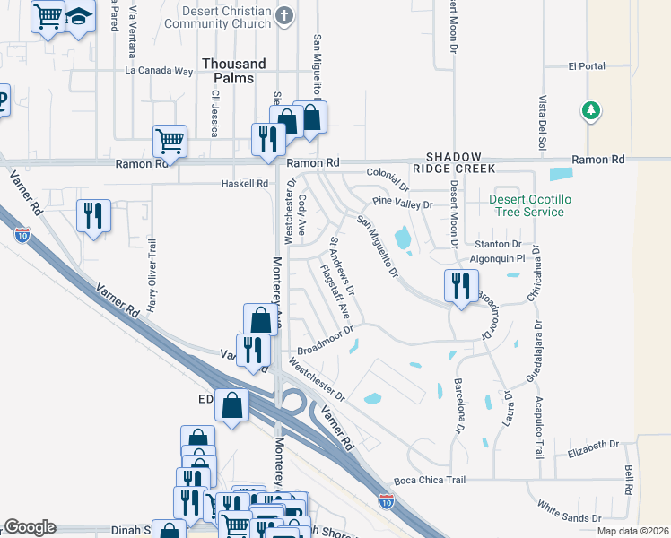 map of restaurants, bars, coffee shops, grocery stores, and more near 32585 Saint Andrews Drive in Thousand Palms