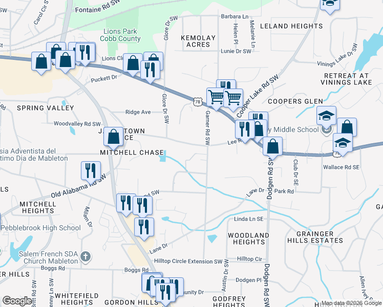 map of restaurants, bars, coffee shops, grocery stores, and more near 5851 Lone Oak Drive Southwest in Mableton