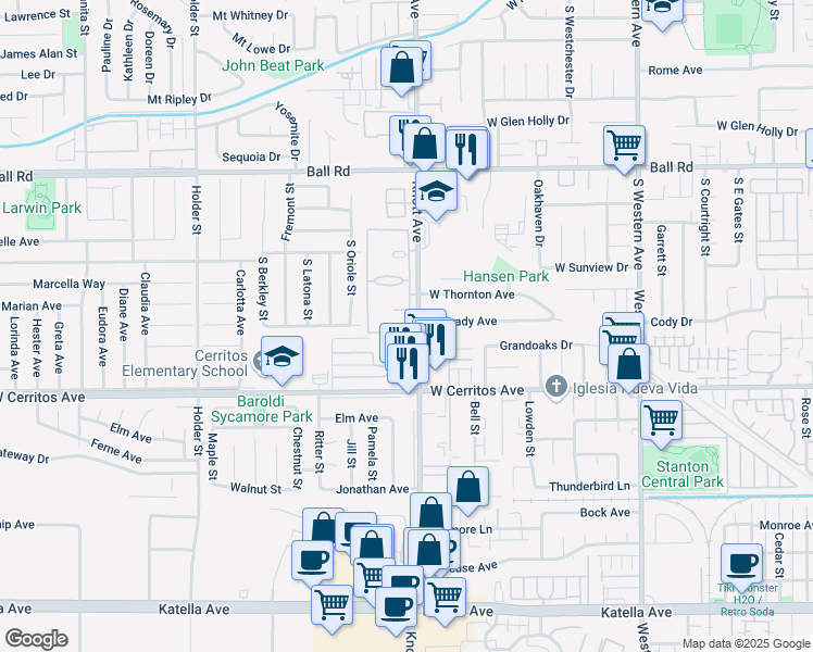 map of restaurants, bars, coffee shops, grocery stores, and more near 3501 West Greentree Circle in Anaheim
