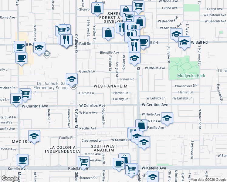 map of restaurants, bars, coffee shops, grocery stores, and more near 9791 Harriet Lane in Anaheim