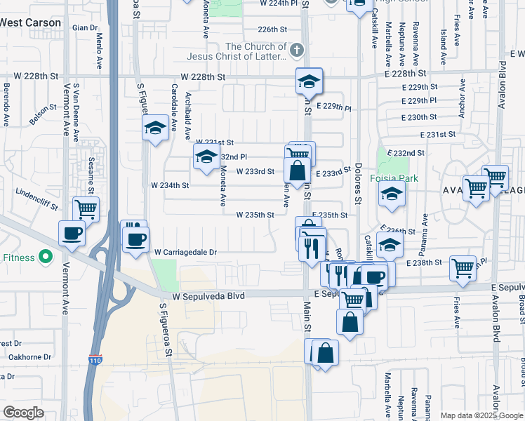 map of restaurants, bars, coffee shops, grocery stores, and more near 23513 Frigate Avenue in Carson