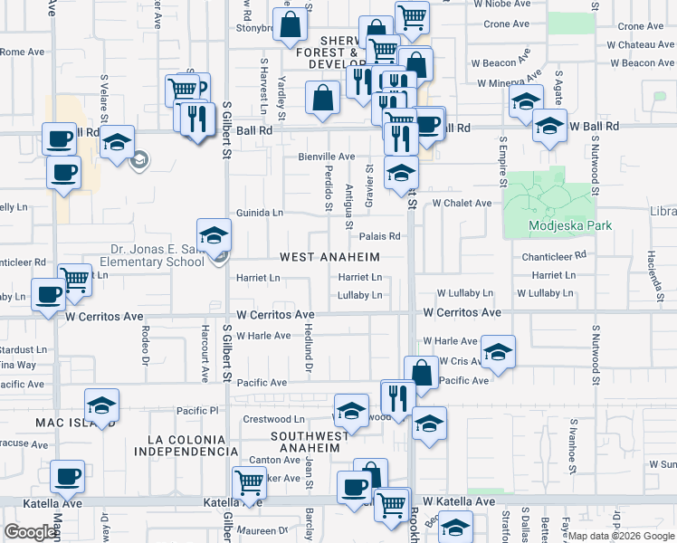 map of restaurants, bars, coffee shops, grocery stores, and more near 9791 Harriet Lane in Anaheim