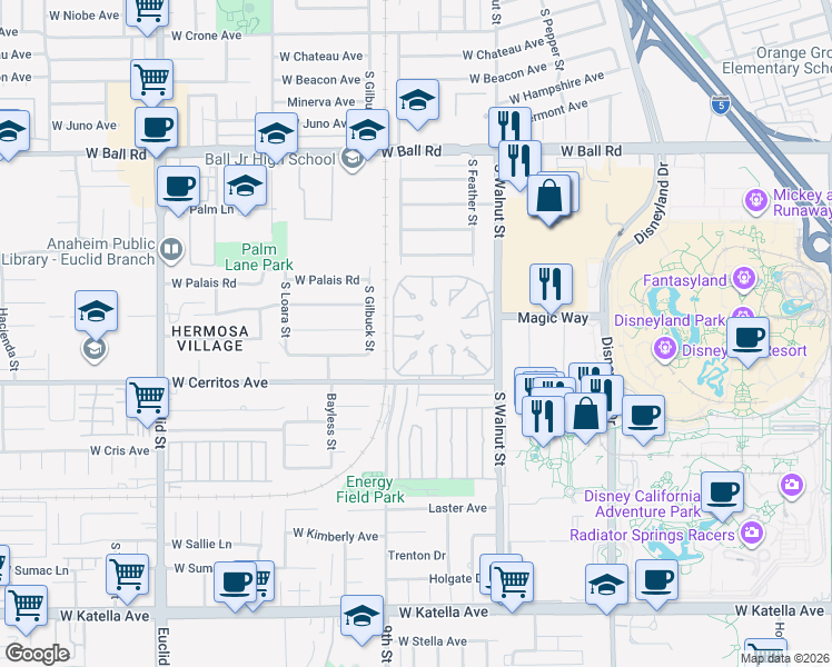 map of restaurants, bars, coffee shops, grocery stores, and more near 1485 West Cerritos Avenue in Anaheim