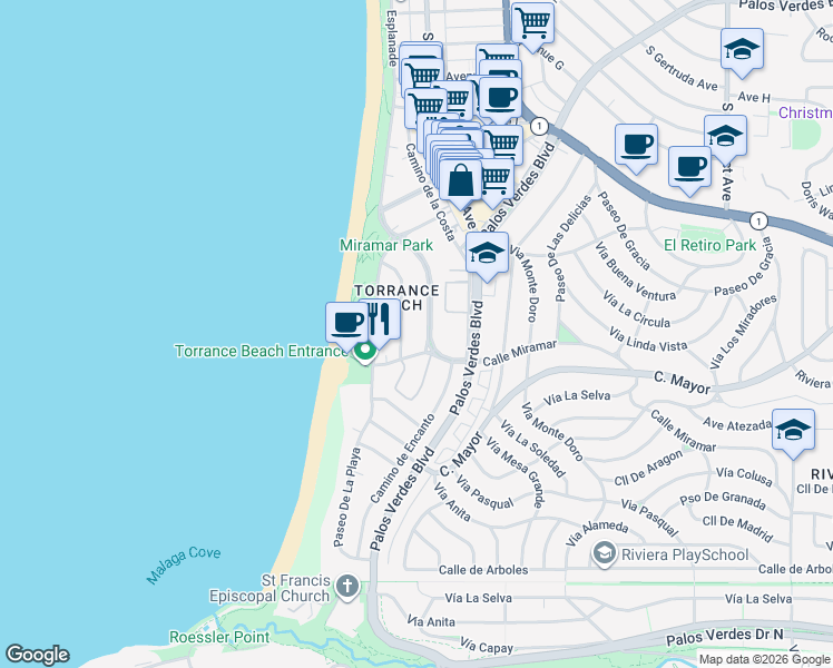 map of restaurants, bars, coffee shops, grocery stores, and more near 205 Vía Riviera in Redondo Beach