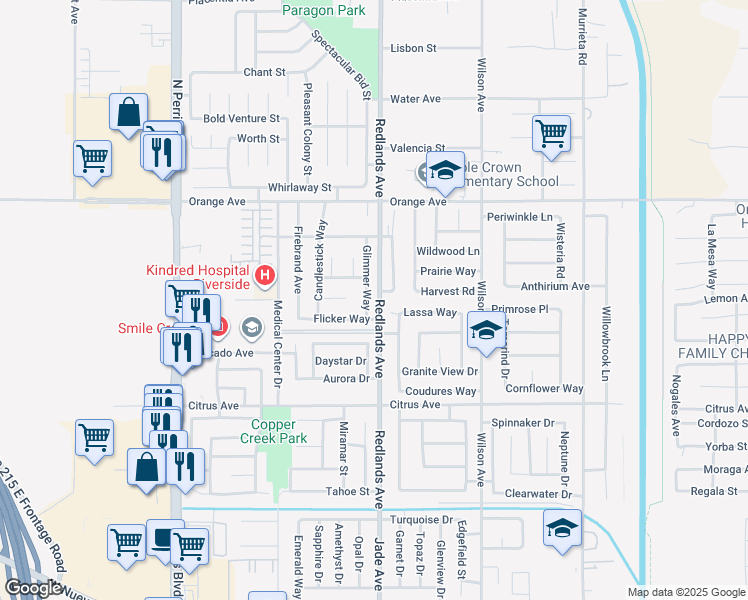 map of restaurants, bars, coffee shops, grocery stores, and more near 2193 Glimmer Way in Perris