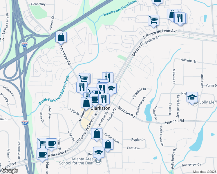 map of restaurants, bars, coffee shops, grocery stores, and more near 4244 East Ponce de Leon Avenue in Clarkston