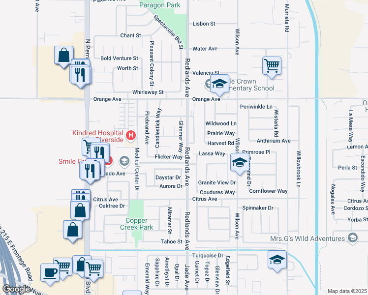 map of restaurants, bars, coffee shops, grocery stores, and more near 2193 Glimmer Way in Perris
