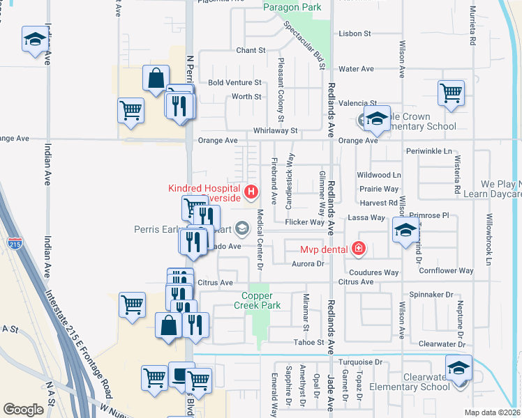 map of restaurants, bars, coffee shops, grocery stores, and more near 2193 Medical Center Drive in Perris