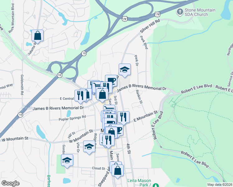 map of restaurants, bars, coffee shops, grocery stores, and more near 1111 3rd Street in Stone Mountain